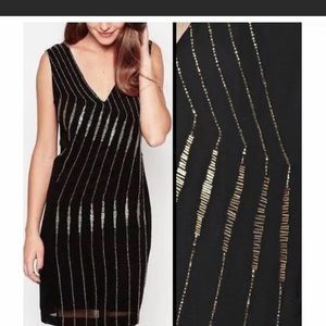 French Connection LBD — sheer overlay with gold bugle beading US Size 8 NWOT